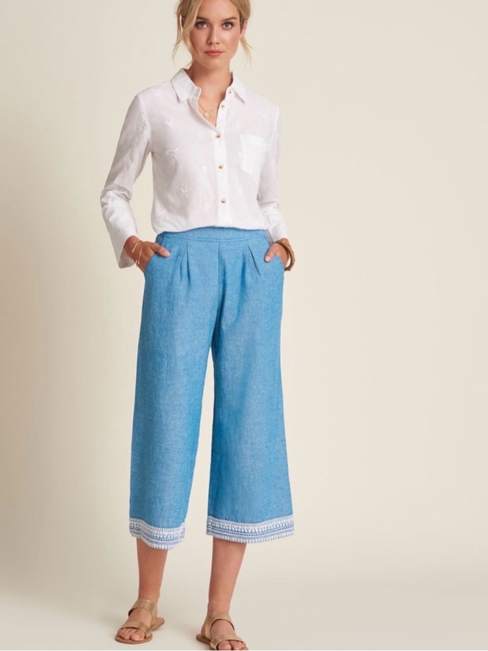Hatley Light Blue Wide-Leg Cropped Pants with White Hem Trim